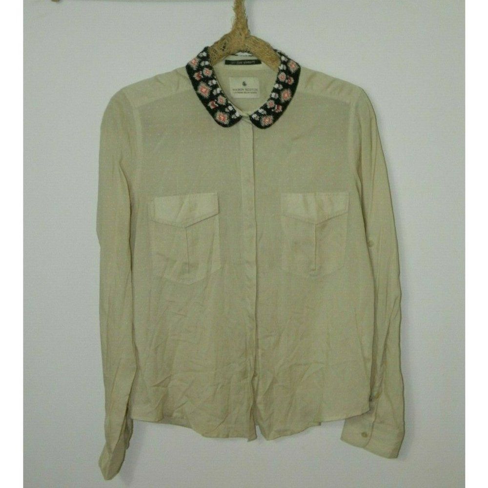 Scotch & Soda Shirt Beige Beaded Collar La Femme Selon Marie Button Down Size 2